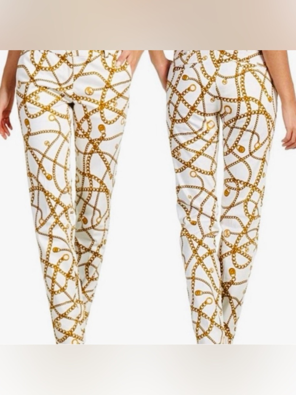 MICHAEL KORS Stretchy White & Gold Chain Print Skinny Pants